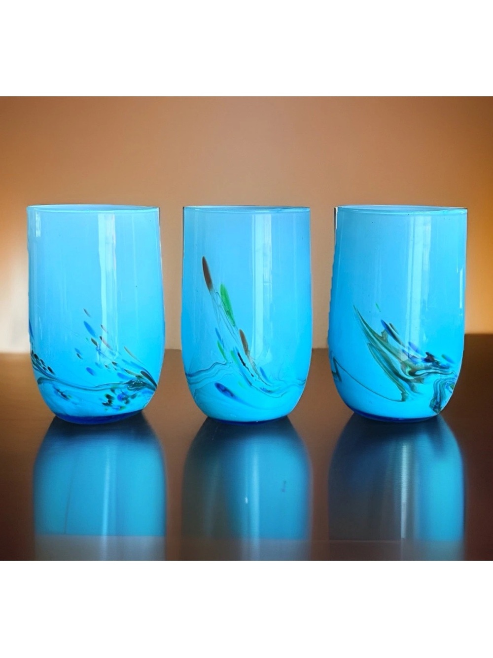 Dalian MCM Cased Hand Blown Art Glass Blue Multicolor 3 Tumbler Set